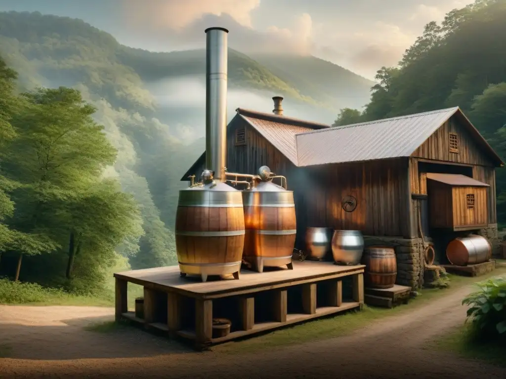 Destilación clandestina en los Apalaches: tradición y misterio Una destilación de bebidas alcohólicas tradicionales en una destilería clandestina en las montañas Apalaches