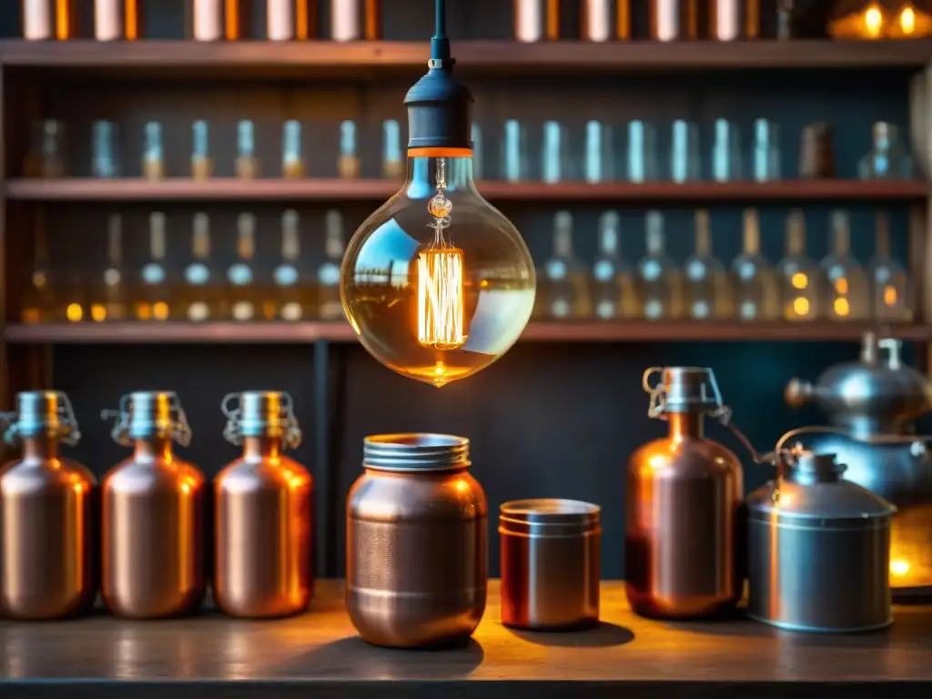 Alambique de cobre vintage en destilería rústica Destilación de bebidas alcohólicas tradicionales: Antigua alambique de cobre en destilería rústica, iluminado por una tenue luz