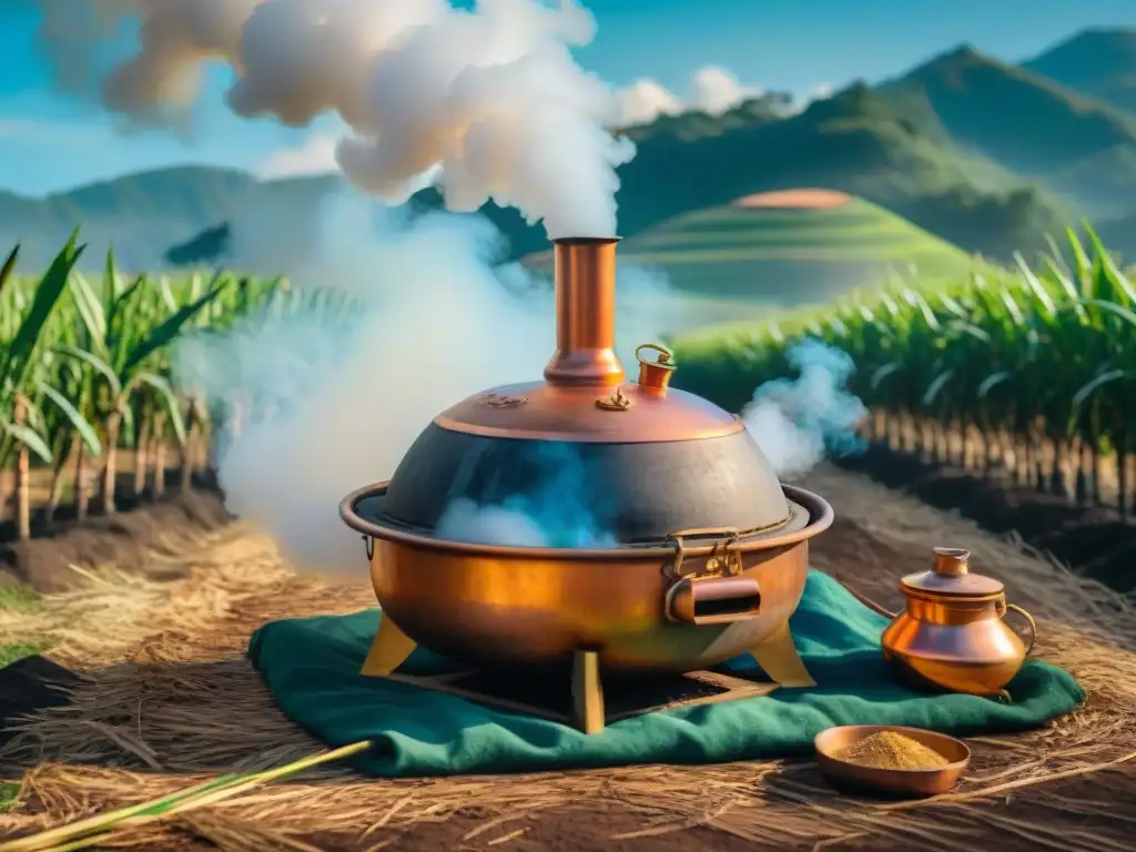 Destilación de cachaça en Brasil: tradición y nostalgia en 8k Destilación de cachaza en Brasil: Artesanos supervisan el proceso en un alambique de cobre sobre fuego, entre cañaverales verdes y cielo azul