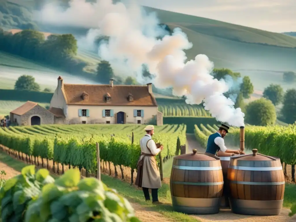 Destilería francesa en la campiña: arte ancestral del brandy Destilación de brandy en Francia: Ilustración detallada de una destilería tradicional francesa en el pintoresco campo
