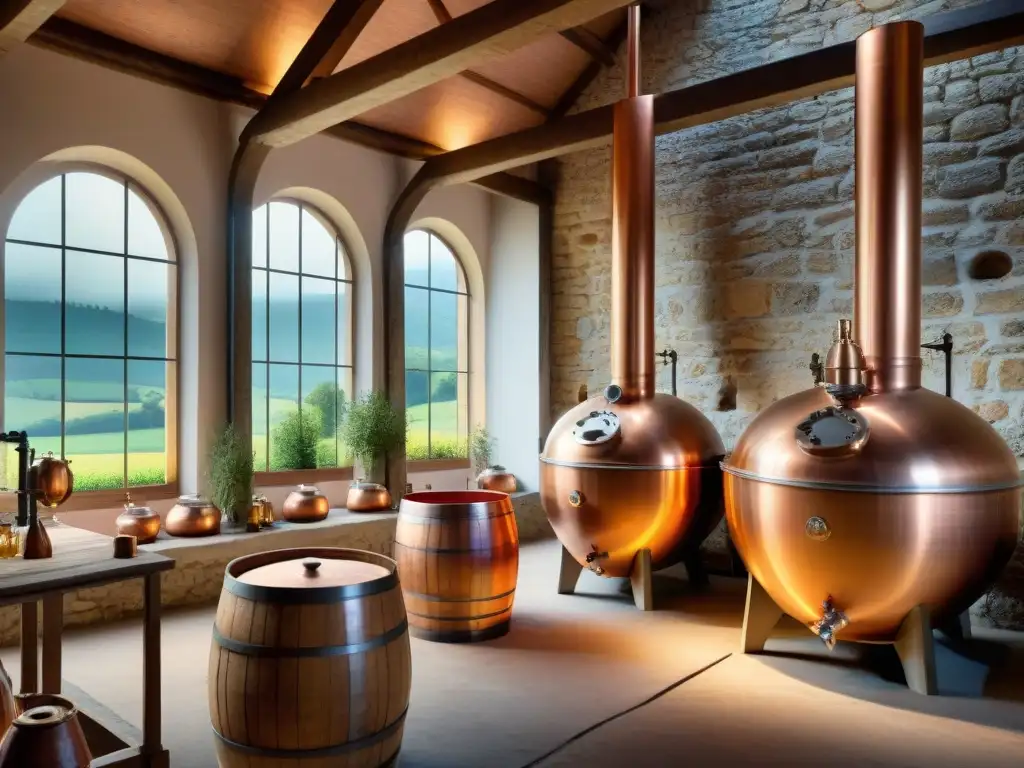 Destilería francesa tradicional: arte y tradición del brandy Destilación de brandy en Francia: Escena encantadora de destilería tradicional francesa con alambiques de cobre, barricas de roble y artesanos atentos