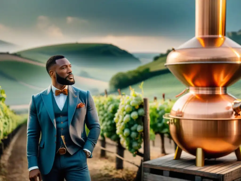 Destilería francesa: historia y arte del brandy Destilación de brandy en Francia: Escena detallada de una destilería tradicional francesa en el campo, con alambiques de cobre relucientes bajo el sol, rodeada de viñedos rebosantes de uvas listas para la elaboración del brandy