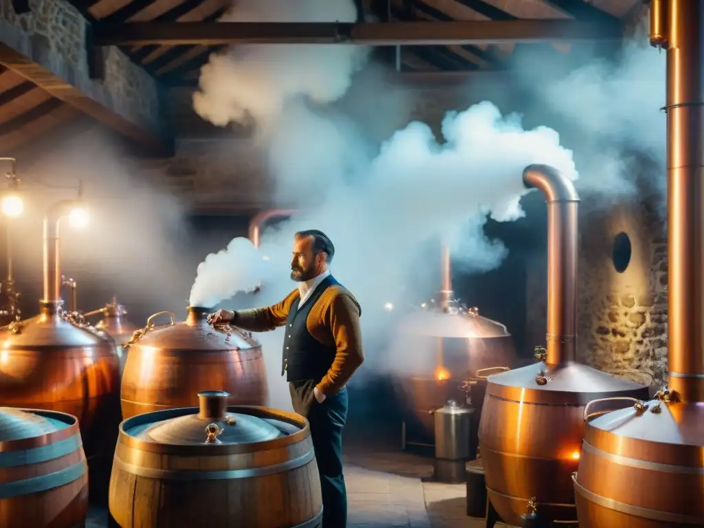 Destilería francesa: historia y elegancia en 8k Destilación de brandy en Francia: escena evocadora de una destilería tradicional francesa en el campo, con alambiques de cobre, barricas y trabajadores