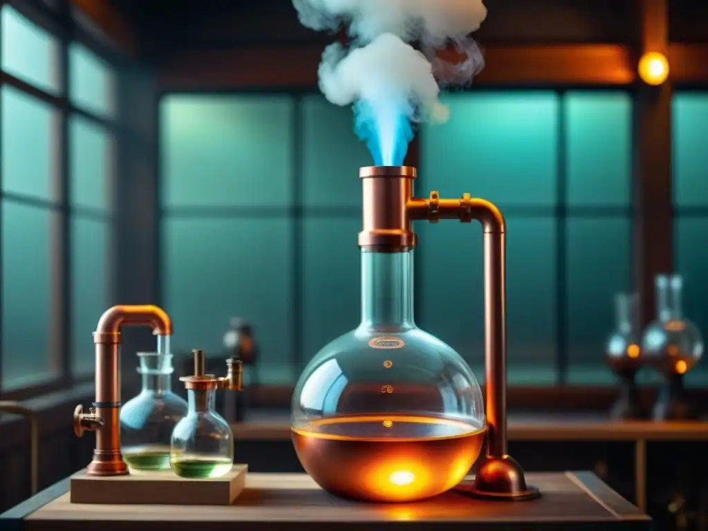 Destilación fraccional en cobre: laboratorio vintage en 8k Destilación fraccionada de sabores complejos: detallada imagen de un antiguo aparato de cobre en un laboratorio tenue