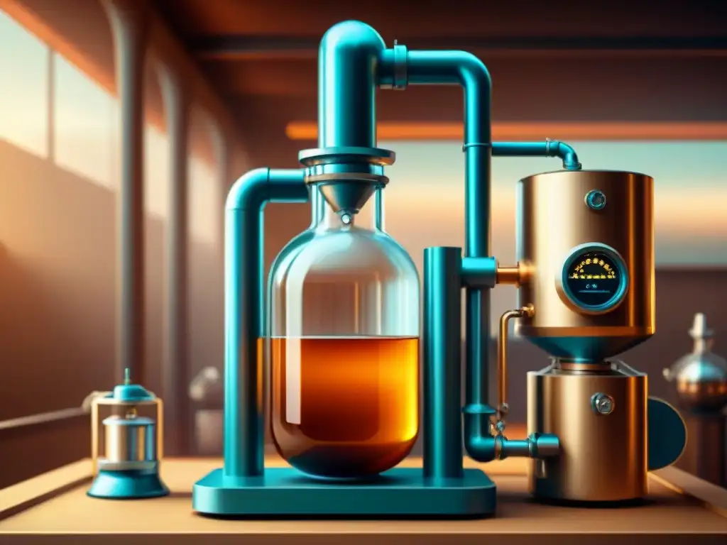 Destilación vintage futurista: mezcla de pasado y tecnología avanzada Una destilación futurista en tonos sepia con aparatos de vidrio y tecnología avanzada, evocando certificaciones destilación innovaciones futuras