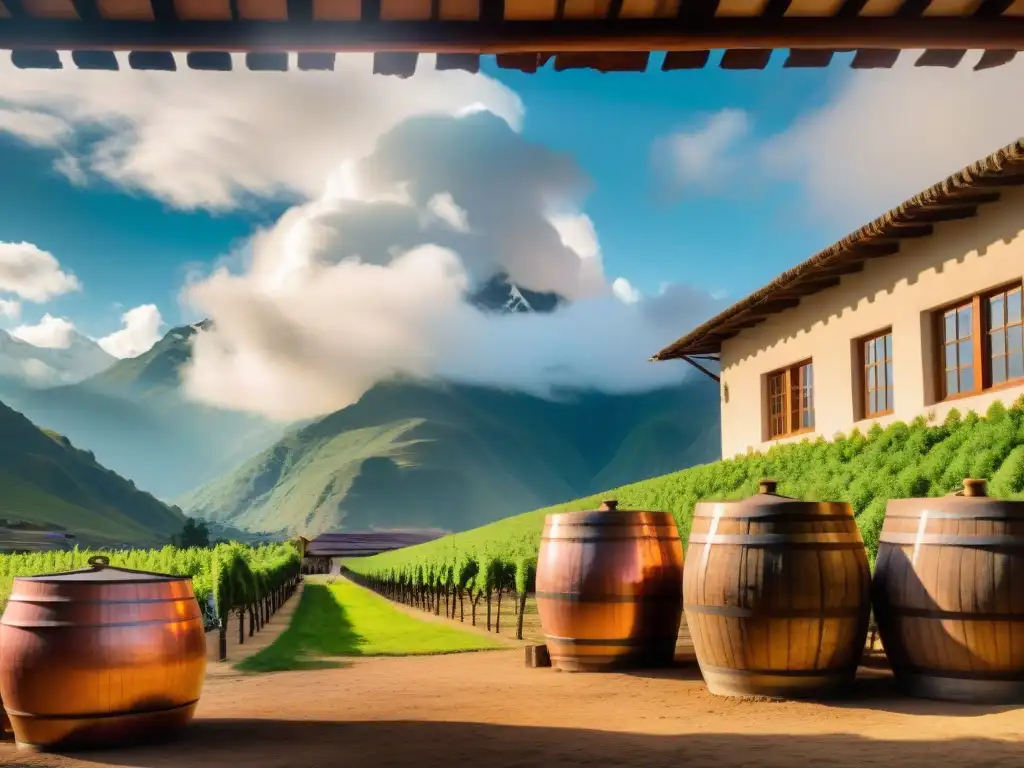 Destilación de pisco en los Andes: tradición y nostalgia Destilación de pisco en Perú: Escena detallada de una destilería tradicional con los Andes de fondo, trabajadores hábiles y herramientas antiguas
