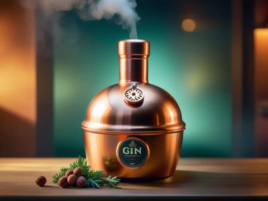 Destilación de gin premium: artesanía y botánicos en Londres Destilación de ginebra premium en alambique de cobre rodeado de botánicos, evocando catas premium ginebra Londres