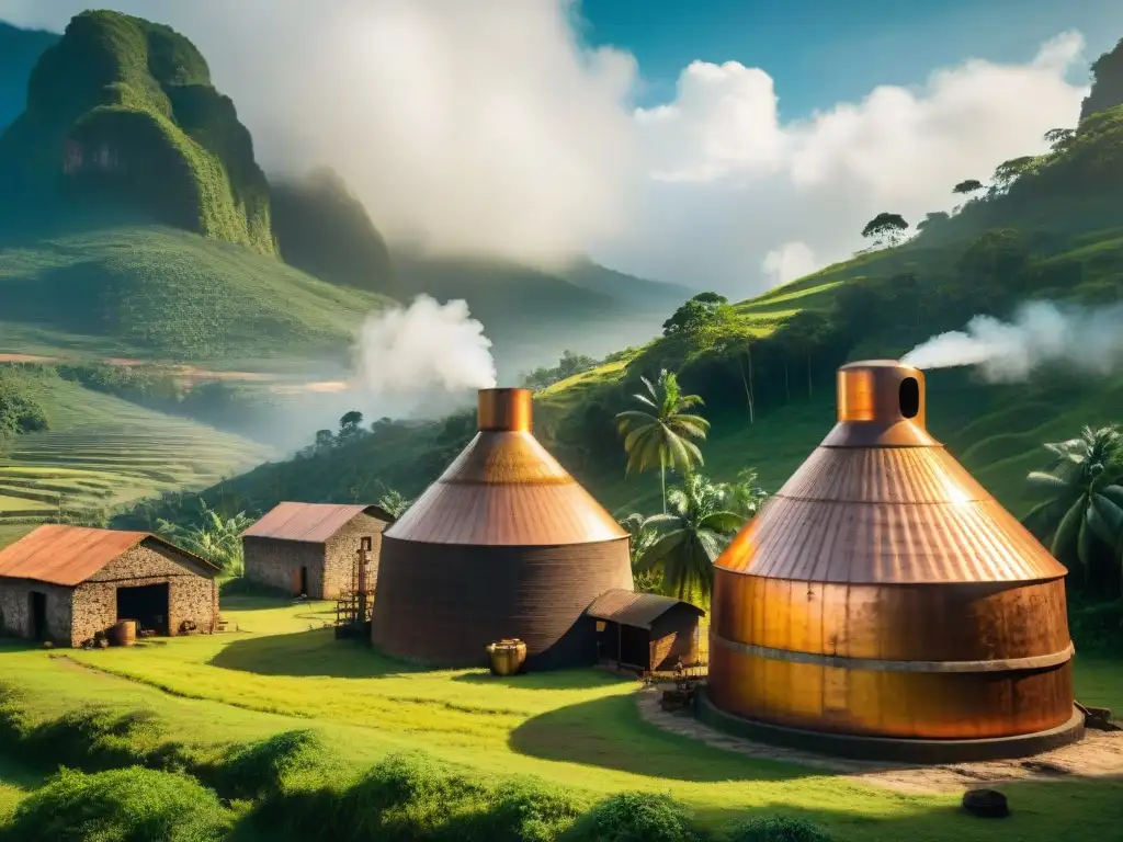 Destilería rústica en Venezuela: tradición y arte del ron Destilación de ron en Venezuela: Antigua destilería en la exuberante campiña venezolana, con palmeras y alambique de cobre brillando al sol