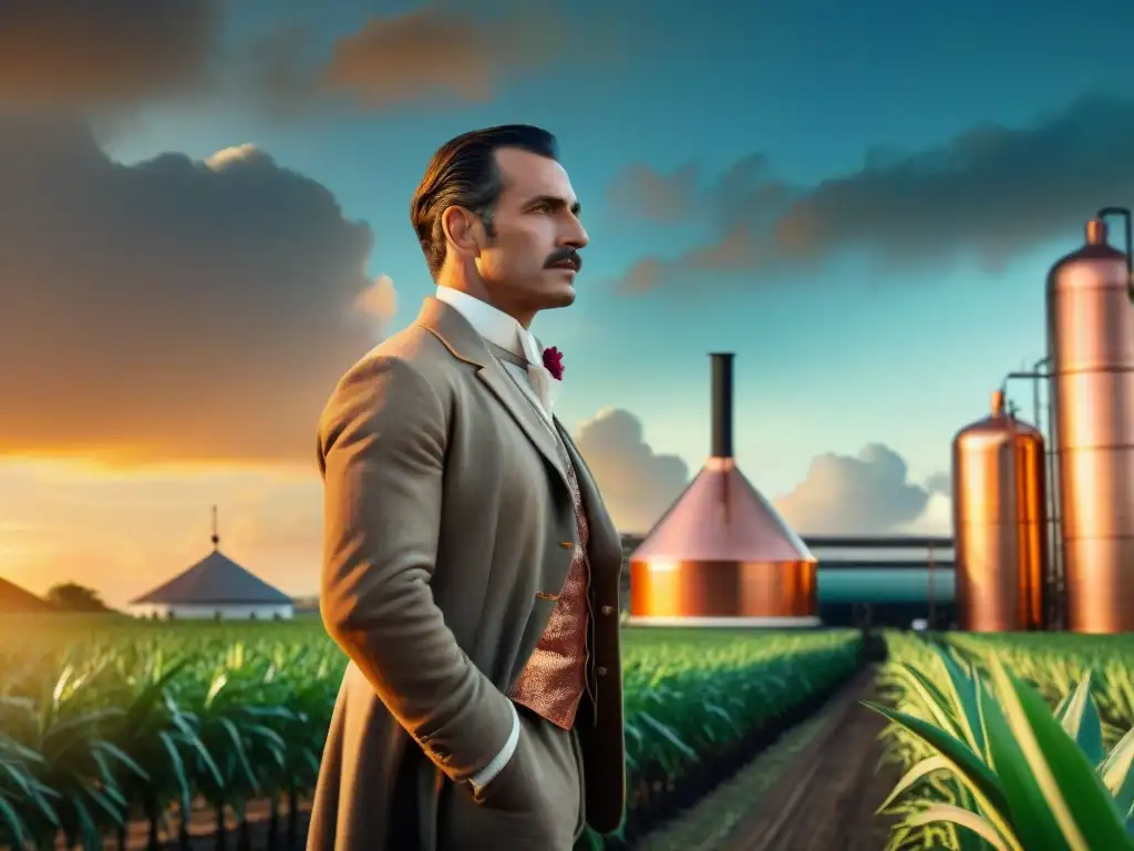 La visión pionera de Bacardí: destilación de ron en el atardecer caribeño En la destilería vintage, Don Facundo Bacardí Massó supervisa la destilación del ron bajo el atardecer caribeño