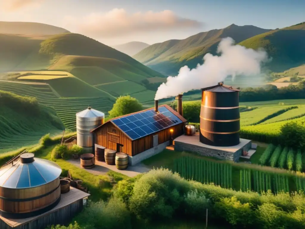 Destilería solar tradicional: historia y tradición en 8k Destilación solar en un paisaje verde, detallada y cálida, evocando historia y sustentabilidad