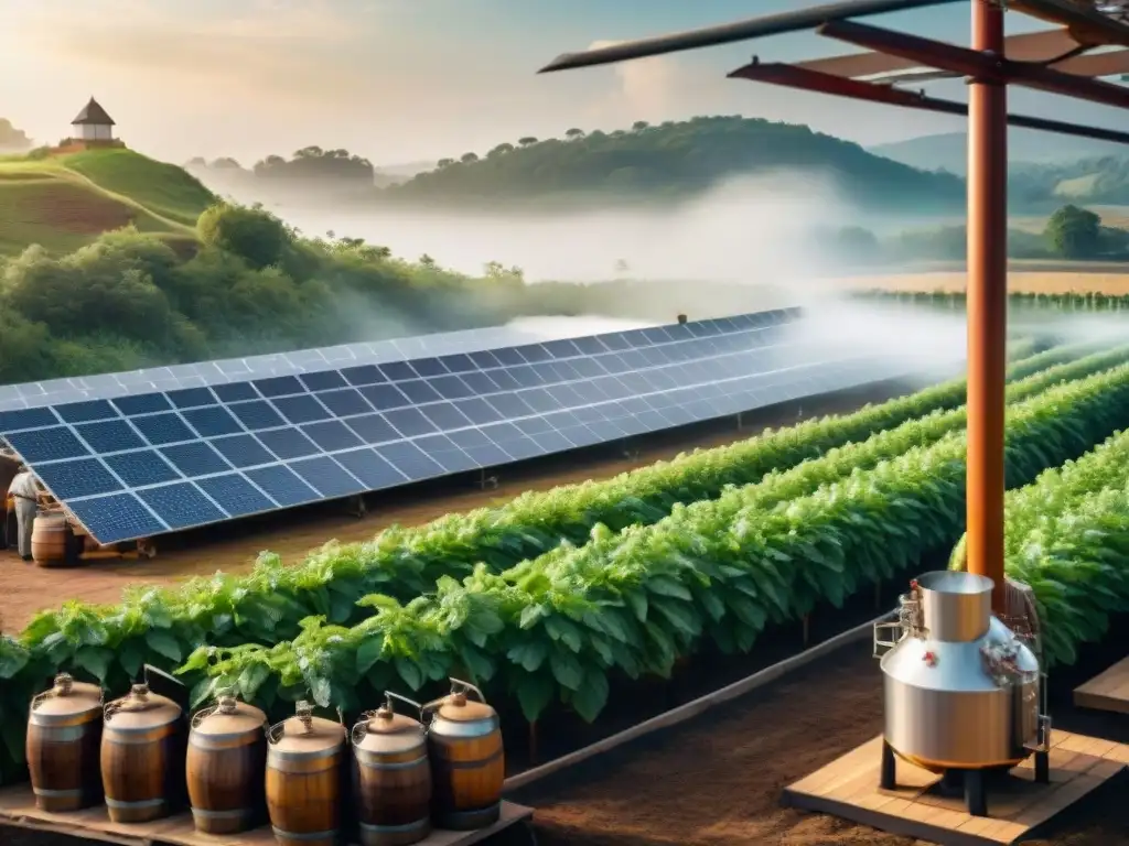Destilería tradicional con paneles solares: fusión innovadora Destilación solar y tecnología sustentable en una destilería tradicional bajo el sol, con paneles solares y trabajadores en vestimenta tradicional