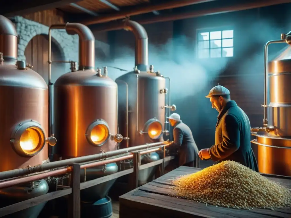 Destilería rusa tradicional: arte ancestral del vodka Destilación de vodka en Rusia: Antigua destilería con alambiques de cobre, trabajadores atentos y productos locales apilados