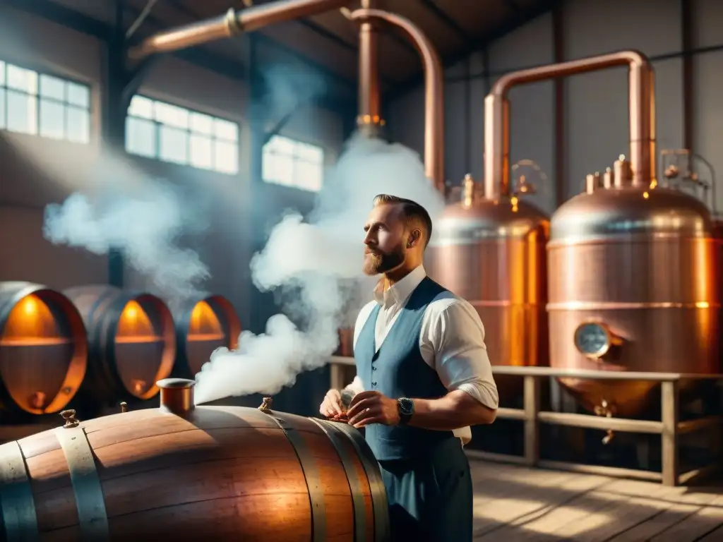 Destilería rusa de vodka premium: tradición y destreza artesanal Destilación de vodka premium en Rusia: Escena detallada de una destilería tradicional rusa, con destilación en curso y trabajadores ataviados