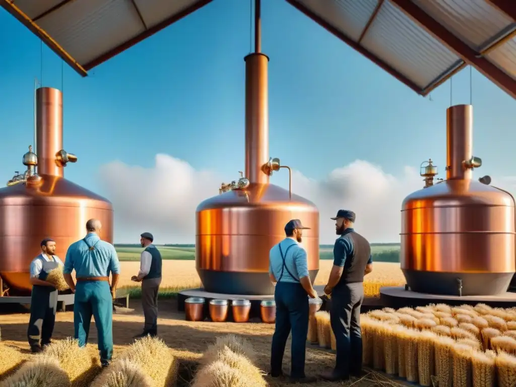 Destilería rusa tradicional: arte y tradición del vodka Destilación de vodka en Rusia: Trabajadores atienden alambiques de cobre en destilería rusa, con campos de trigo al fondo