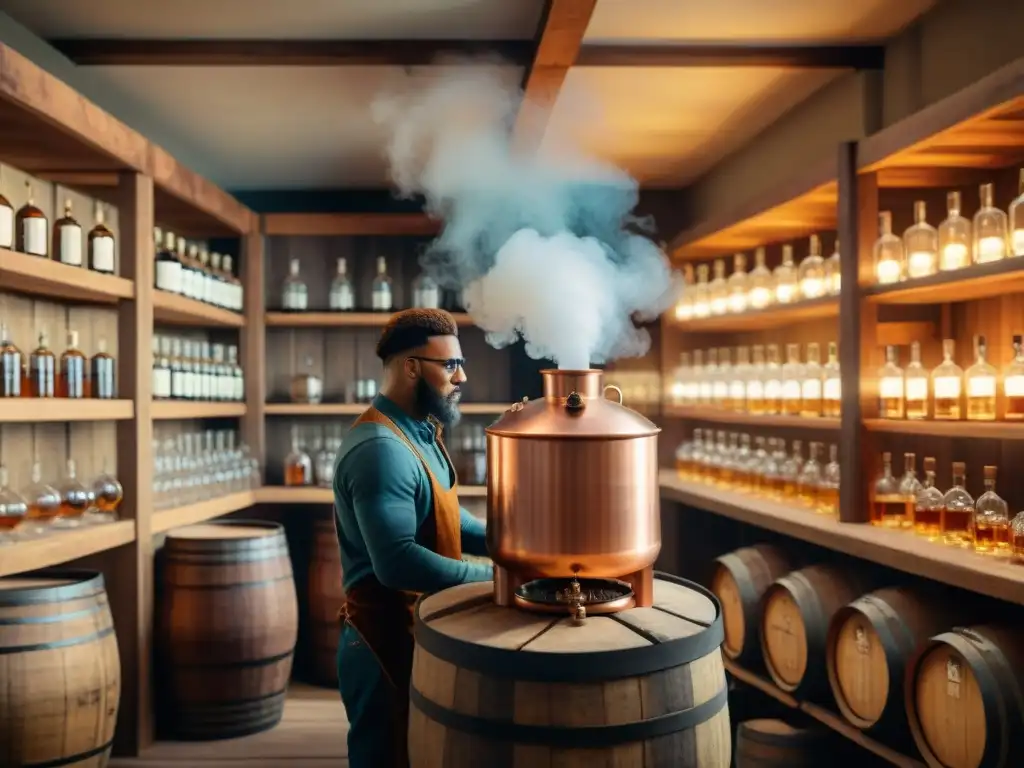 Destilería artesanal en el campo: ilustración vintage detallada Un destilador artesanal supervisa la destilación de bebidas alcohólicas en una destilería rústica en el campo