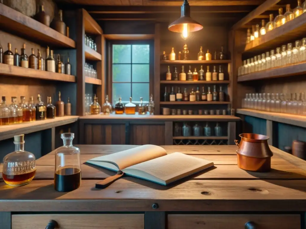 Destilería clandestina: secreto en sombras y oro Un destilador clandestino, legado de maestros destiladores, brilla en la penumbra de la bodega subterránea llena de historia y secretos