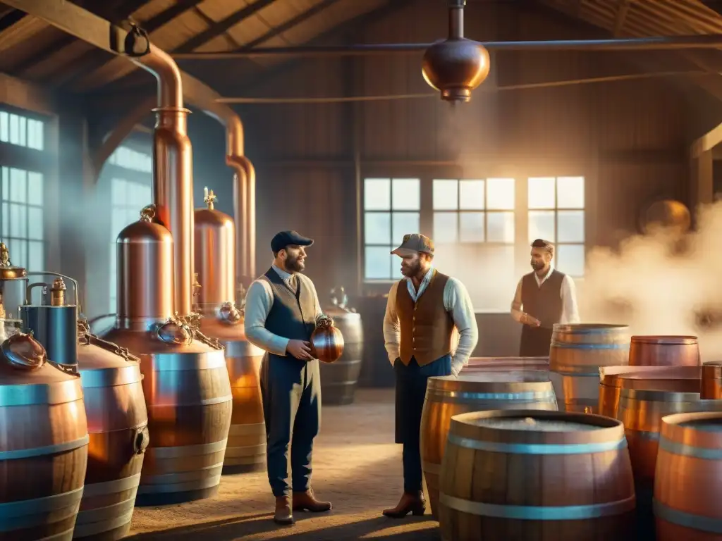 Destilería tradicional: destilación artesanal en cobre Un destilador clásico en una antigua destilería, trabajadores atentos en un ambiente tradicional