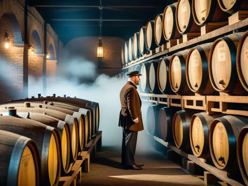 Inspección meticulosa en bodega vintage Un destilador clásico inspecciona barricas de roble en una bodega
