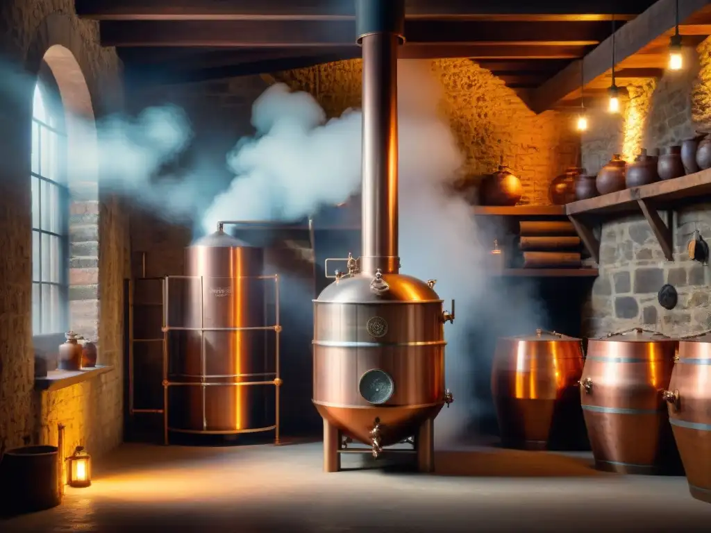 Destilador de cobre antiguo en bodega rústica Destilador de cobre antiguo con grabados detallados, en una bodega rústica iluminada por una lámpara de gas