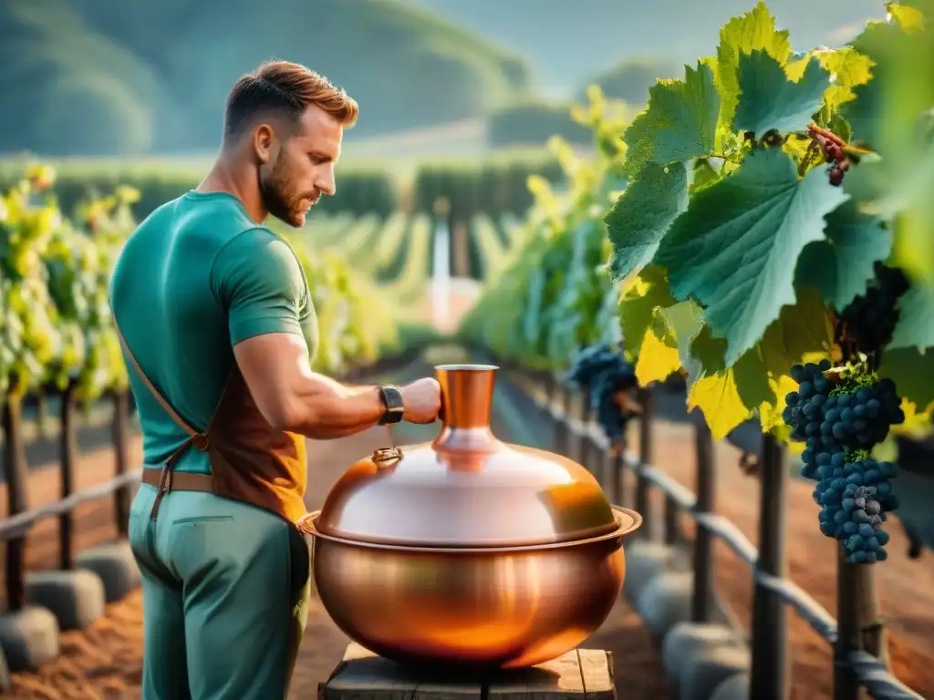 Destilación tradicional en viñedo ecológico Destilador de cobre reluciente en viñedo verde con recolección de uvas