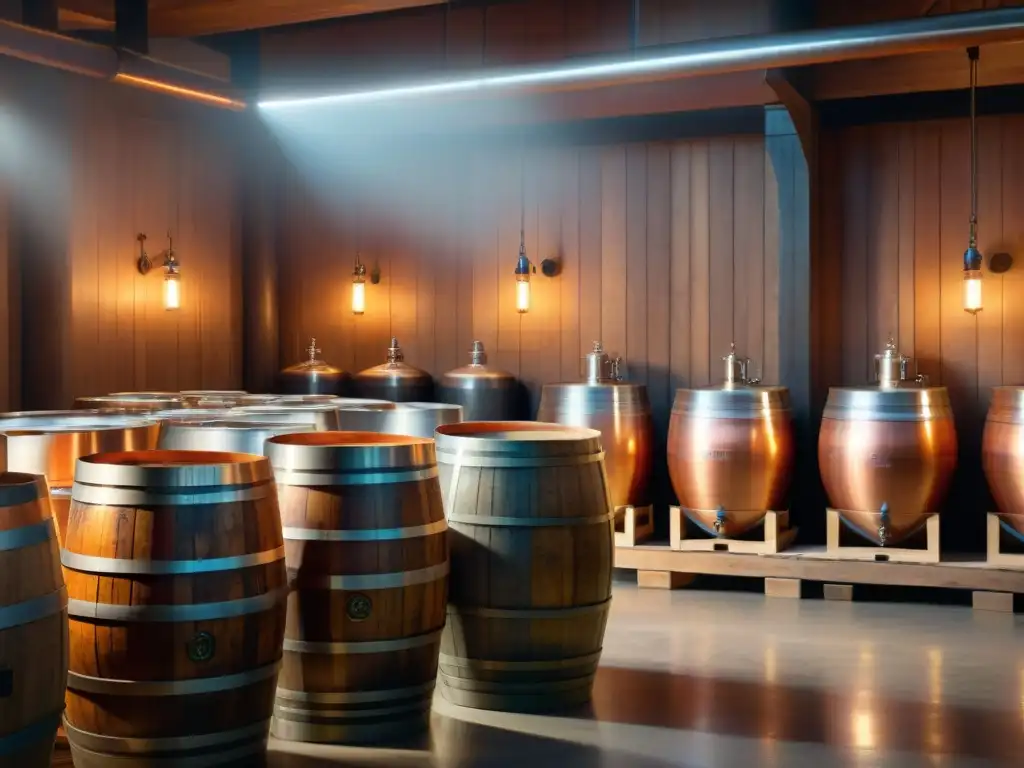 Destilador de cobre reluciente en destilería vintage con técnicas avanzadas destilación bebidas alcohólicas