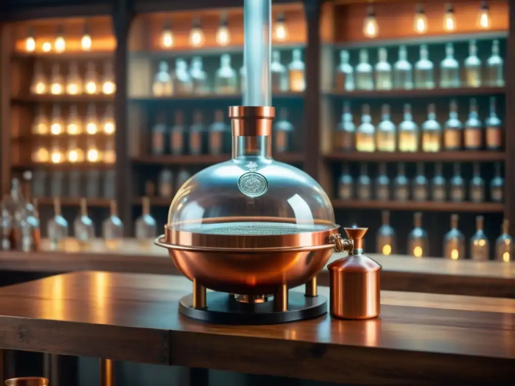 Alambique de cobre vintage en una destilería elegante Destilador de cobre vintage en mesa rústica, rodeado de botellas de licor, evocando técnicas avanzadas mixología destilación bebidas