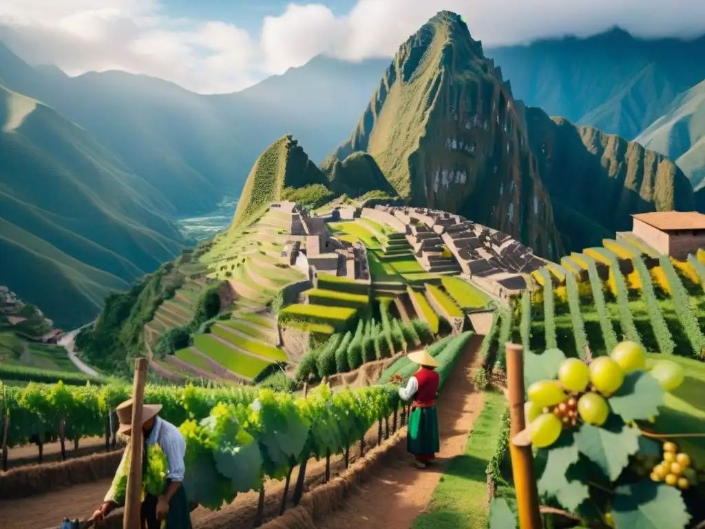 Destilería de Pisco en los Andes: Tradición y Sol peruano Un destilador experto en una antigua destilería peruana, rodeado de viñedos, con los Andes de fondo