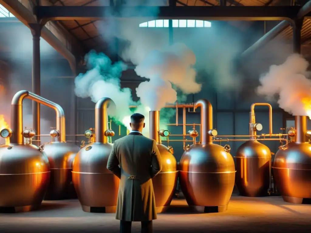 Destilería vintage: maestro destilador en acción Un destilador experto elabora bebidas alcohólicas exóticas en una destilería vintage iluminada por suaves llamas y vapor