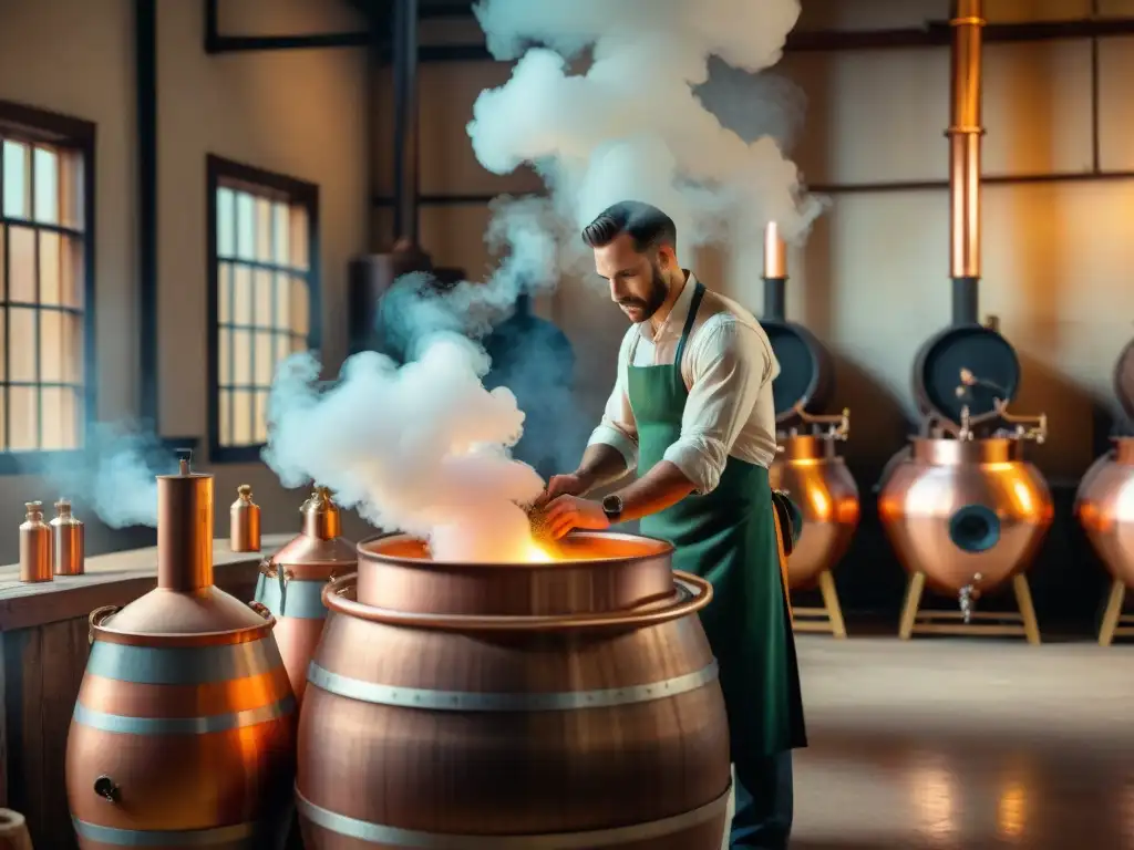 Imagen detallada de destilación en alambique vintage Un destilador experto supervisa meticulosamente la destilación de bebidas alcohólicas modernas en una destilería tradicional