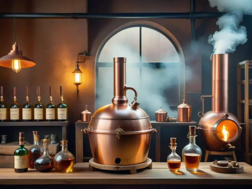 Destilación artesanal en alambique de cobre vintage Un destilador experto supervisa la destilación de bebidas alcohólicas exóticas en una destilería atmosférica y detallada