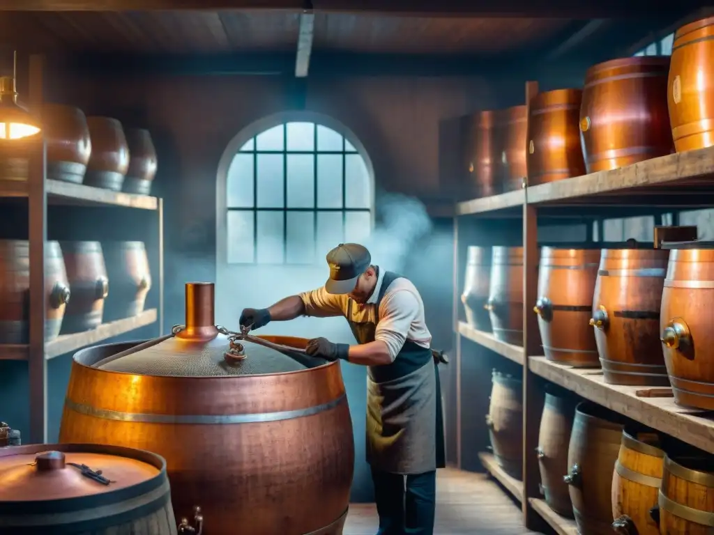 Un destilador tradicional operando una alambiques en una destilería vintage, rodeado de barricas de whisky envejecido, iluminado por tenue luz solar