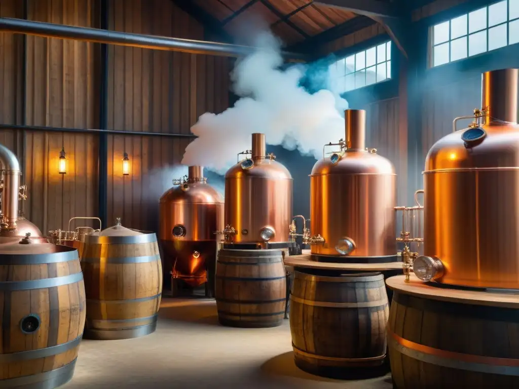 Destilería tradicional: destilación de espíritus en alambiques de cobre Un destilador tradicional iluminado, barriles de madera y cristalería artesanal con líquido ámbar, destilación de bebidas espirituosas avanzada