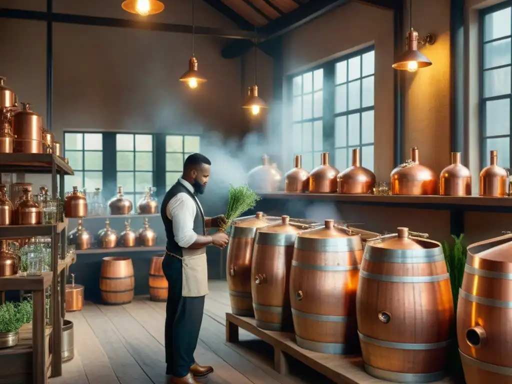 Destilería vintage: historia y aromas en cobre Un destilador en traje tradicional cuida con esmero el alambique, rodeado de hierbas y especias en un taller de destilería vintage
