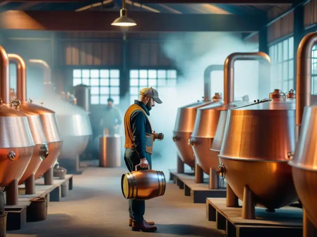 Destilería vintage en funcionamiento: historia y artesanía Un destilador vintage en plena faena, con alambiques relucientes y trabajadores ataviados, evocando historia destilación bebidas alcohólicas