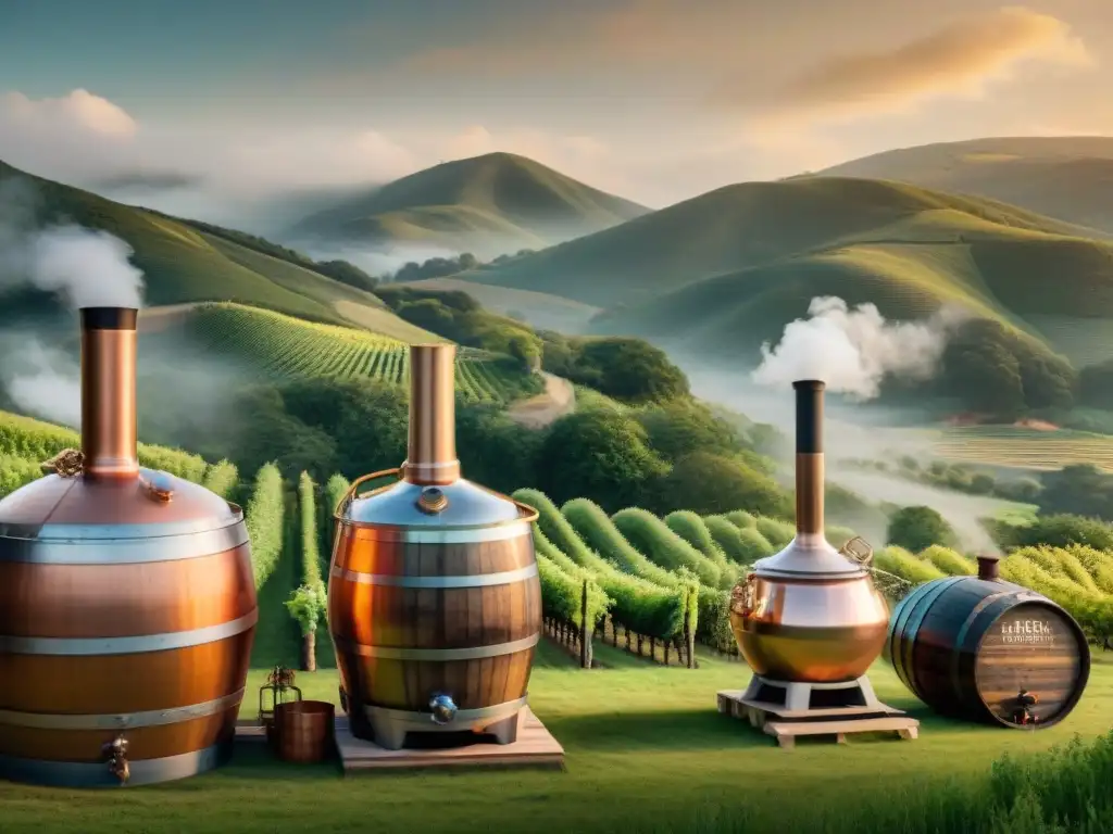 Destilería vintage: arte y tradición en la elaboración de licores Un destilador vintage rodeado de colinas y viñedos, destilando licores finos