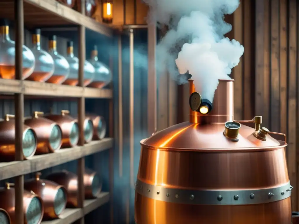 Destilación maestra: alambique de cobre en detalle 8k Una destiladora de cobre tradicional destaca entre barriles y botellas, evocando herencia y expertise en destilación