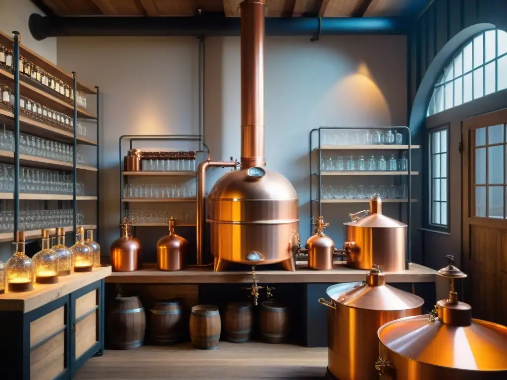 Destilación artesanal: historia y tradición del gin belga Una destiladora de cobre vintage en una destilería belga, rodeada de botánicos, evocando la historia de la destilación de ginebra en Bélgica