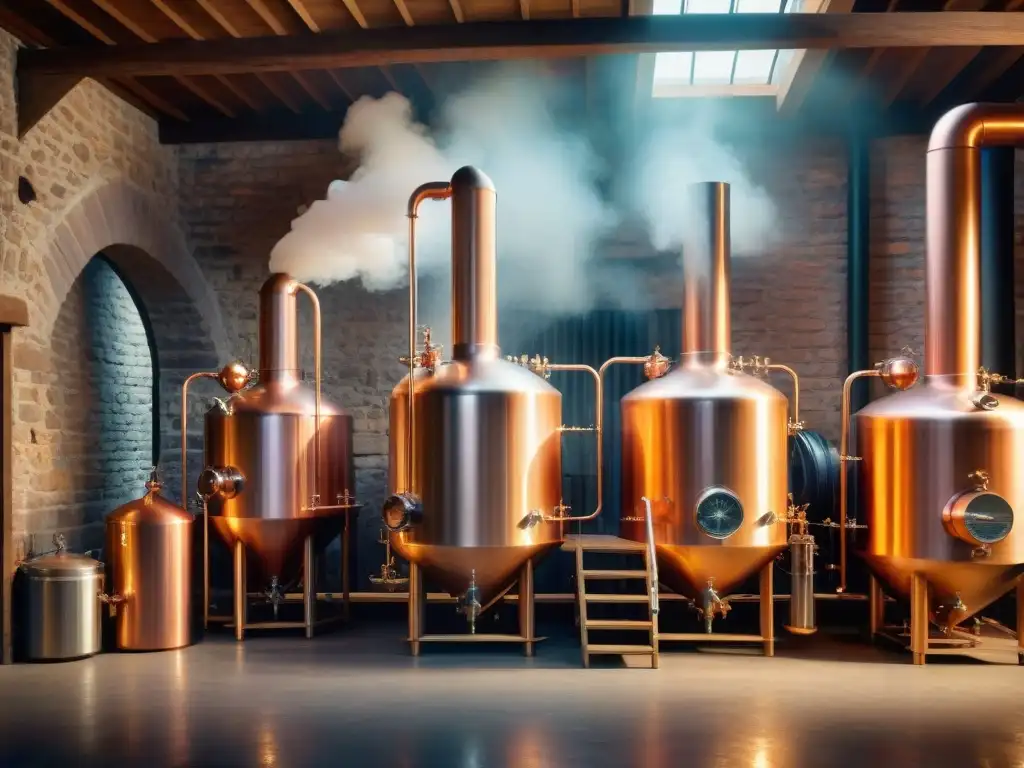 Destilación ancestral en cobre: fusión de tradición y tecnología Una destiladora de cobre vintage iluminada, fusionando avances tecnológicos en destilación alcohólica en una destilería rústica