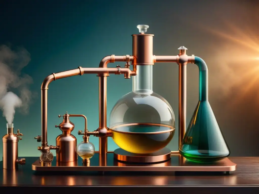 Destilación vintage: belleza en cobre y vidrio en laboratorio atmosférico Una destiladora vintage de cobre y vidrio en un laboratorio atmosférico iluminado, evocando historia y artesanía