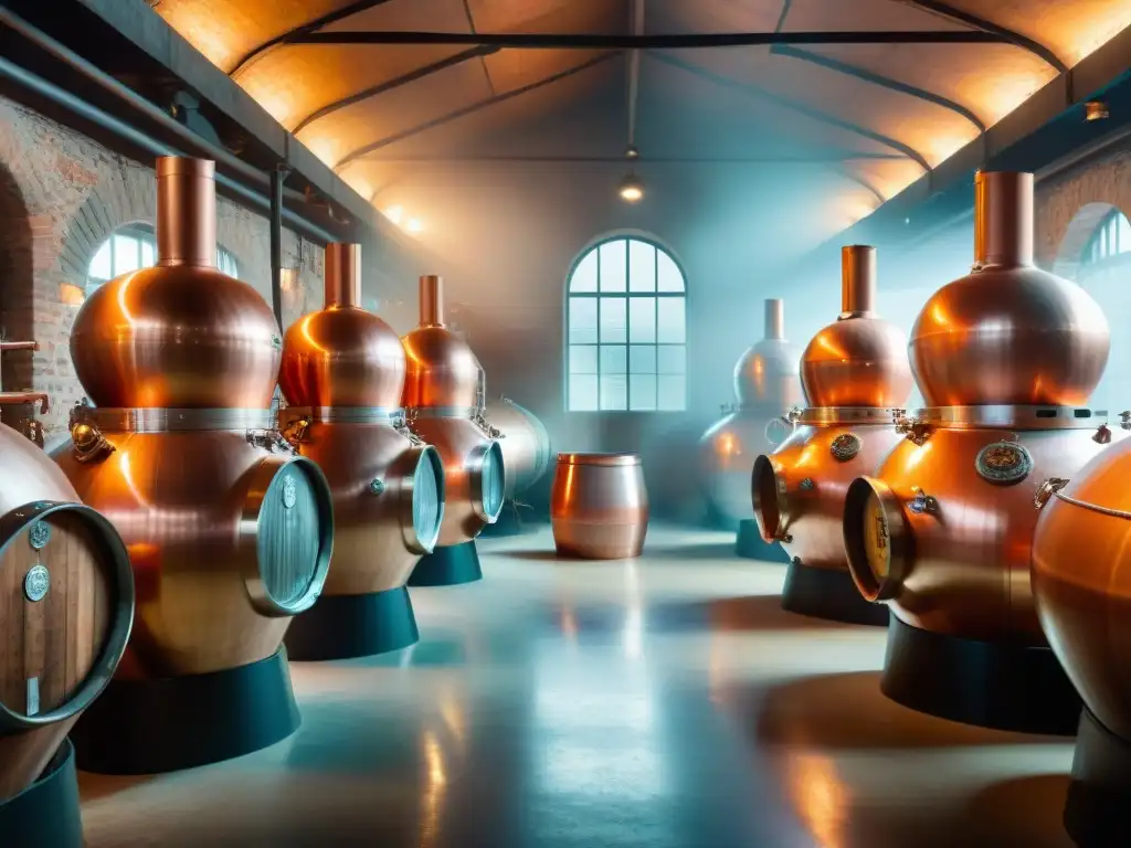 Destilería vintage en 8k: tradición y modernidad Destilería vintage con alambiques de cobre y barricas de licores, fusionando tradición y modernidad en la revolución digital cata destilados
