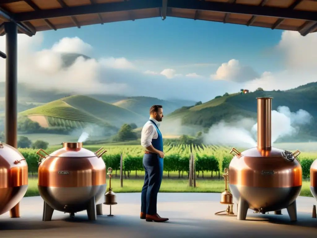 Destilación artesanal: maestro en acción Destilería vintage con alambiques de cobre brillando bajo el sol, rodeada de viñedos verdes y colinas