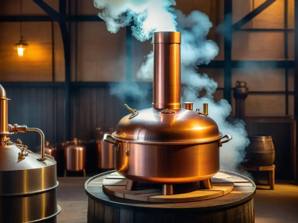 Alambique de cobre: historia y tradición en destilería Una destilería antigua con alambique de cobre iluminado, vapor y fuego