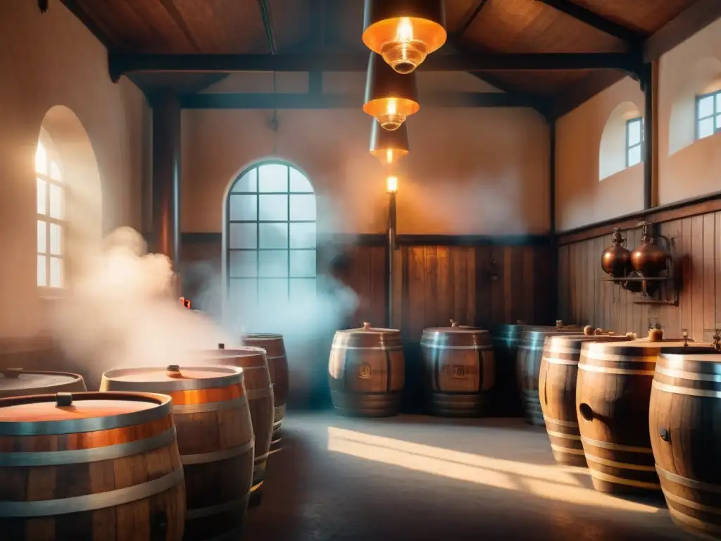 Cobre y tradición: destilería artesanal centenaria en detalle Una destilería antigua con alambiques de cobre relucientes, barriles de madera envejecida y destiladores trabajando en la elaboración de licores