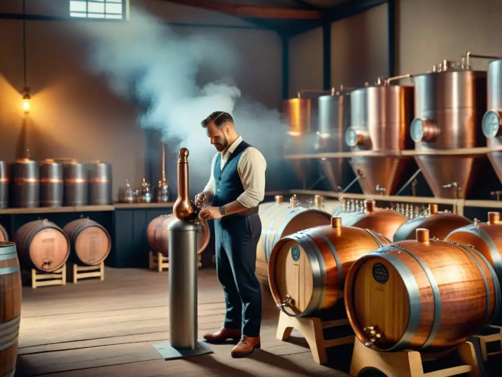 Una destilería artesanal: un alambique de cobre rodeado de barricas de destilados envejecidos, con luz cálida y ambiente rústico