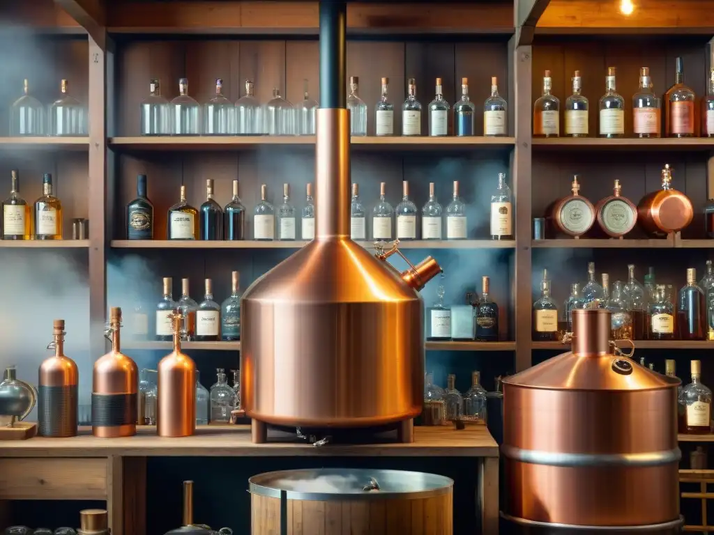 Destilación artesanal de alcoholes: tradición y maestría Una destilería artesanal con alambique de cobre en plena destilación de bebidas alcohólicas artesanales