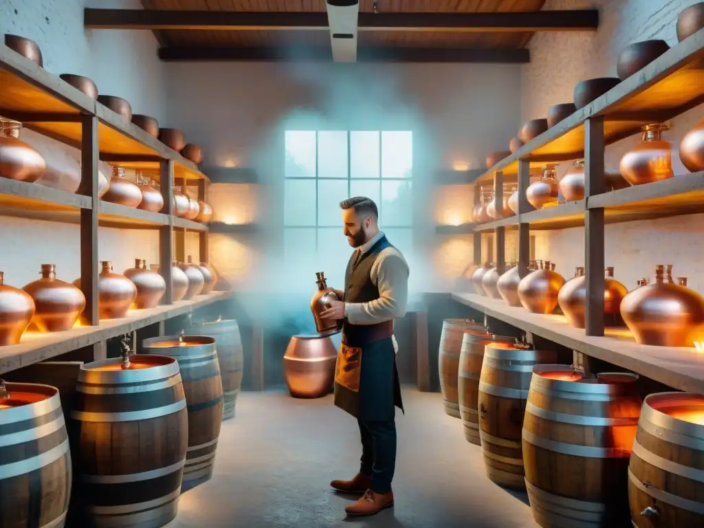 Una destilería artesanal llena de alambiques de cobre, barricas de madera y utensilios de trabajo