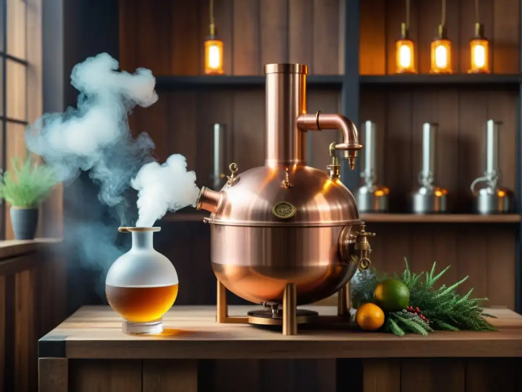Destilación artesanal: magia vintage en destilería exótica Destilería de bebidas exóticas: aparato de destilación vintage de cobre brillando bajo luz suave en ambiente artesanal