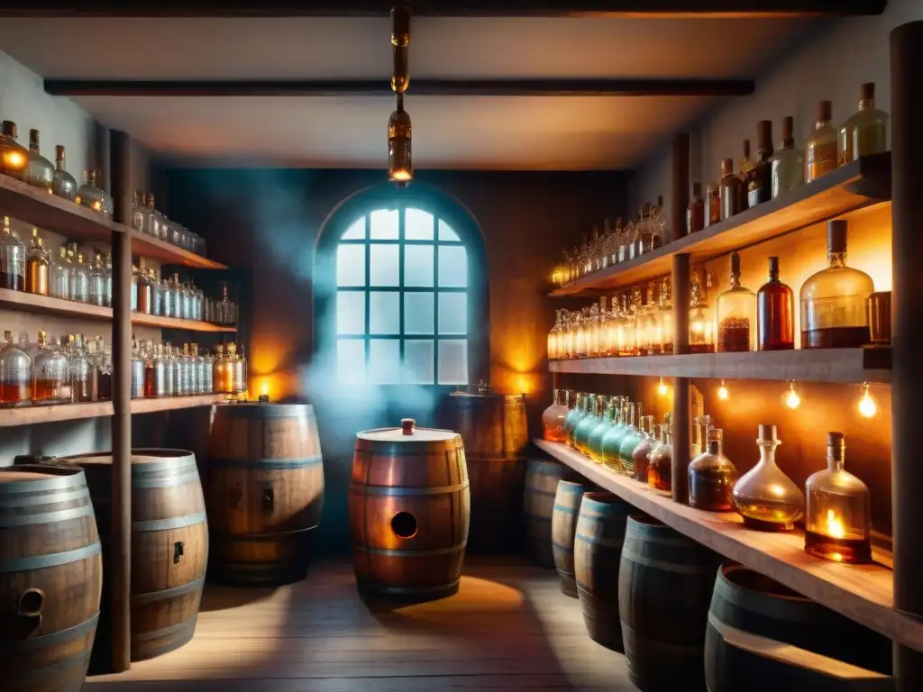 Destilería vintage: luces, cobre y especias exóticas Destilería de bebidas exóticas especializadas: ambiente vintage con alambiques de cobre, barriles de madera y botellas de líquidos coloridos en una habitación iluminada por la luz del sol