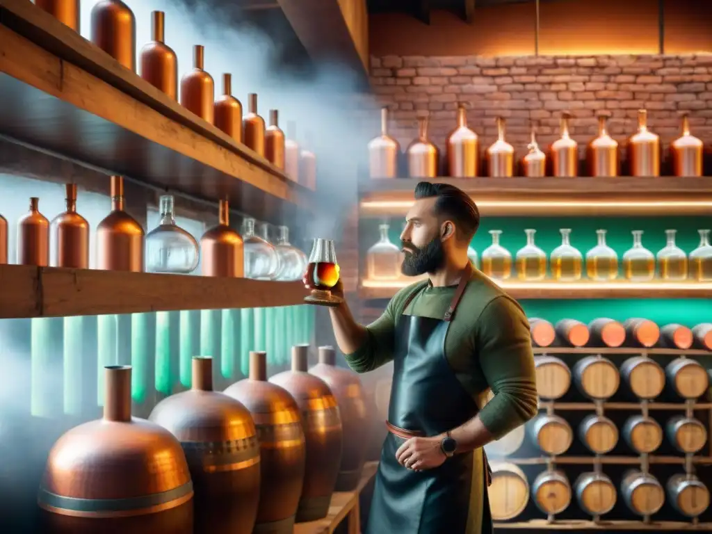 Destilería vintage con alambiques de cobre y barricas de madera enigmáticas Una destilería de bebidas exóticas especializadas con alambiques de cobre y barricas de madera envejeciendo licores coloridos