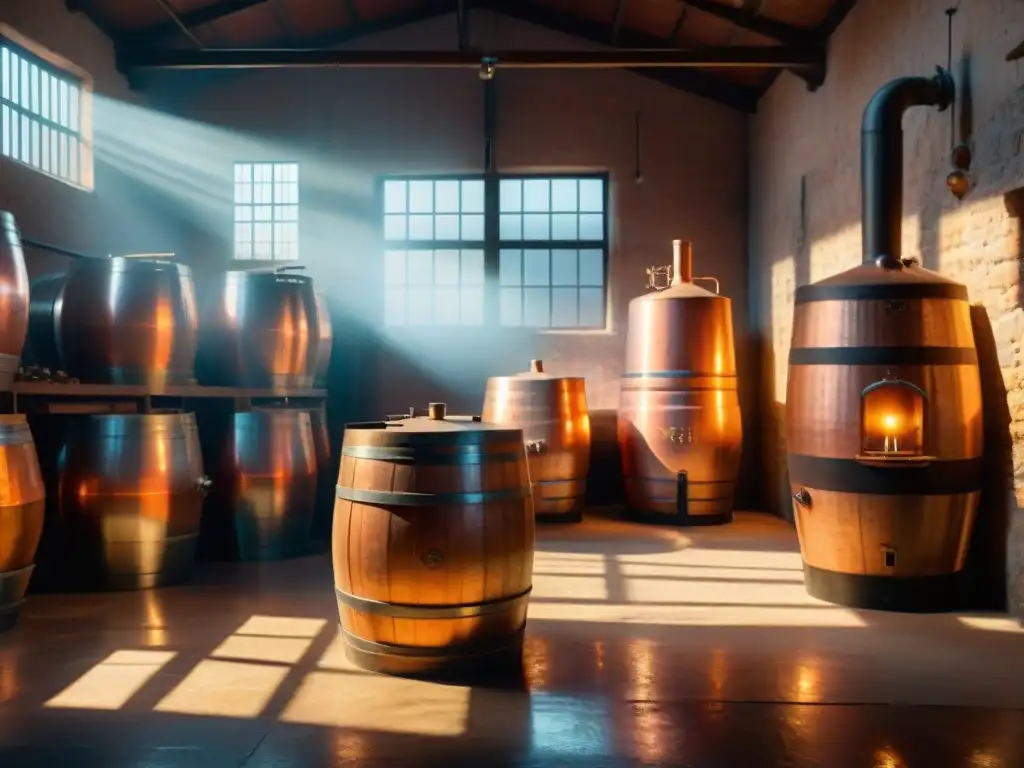 Destilería vintage en 8k: historia y artesanía en cada detalle Una destilería de bebidas exóticas especializadas, iluminada por la luz solar en un ambiente vintage y acogedor